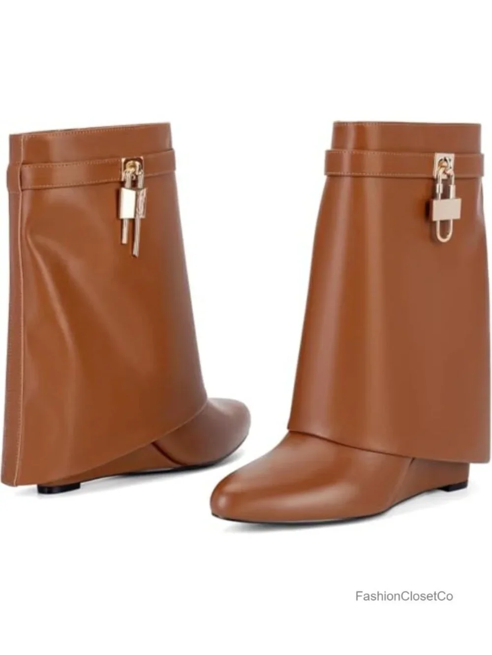 Fold Over Mid Calf Wedge Heel Pull On Padlock Ankle Boots Faux Leather